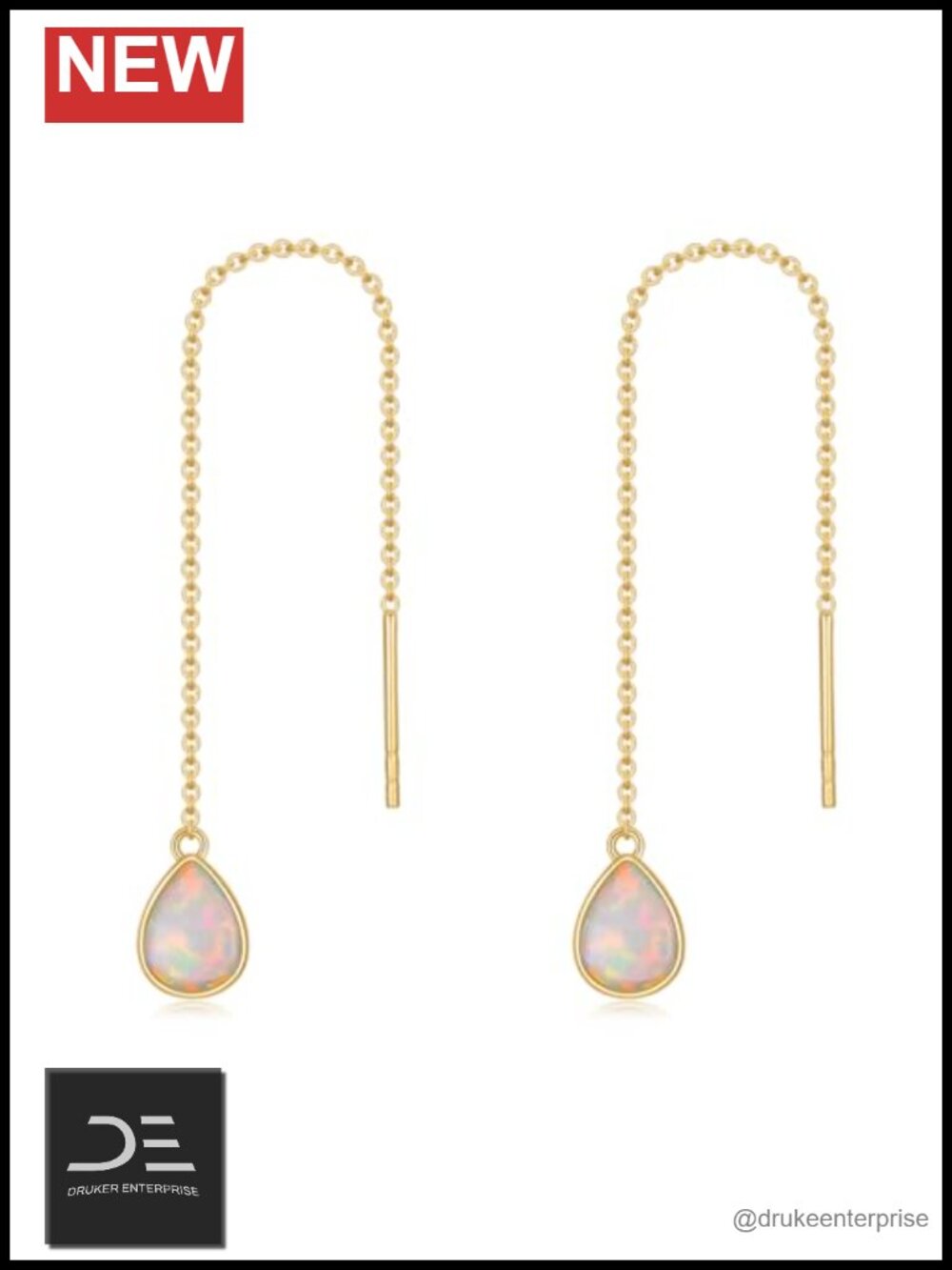 14K Solid Gold Threader Earrings Long Chain Opal Moonstone Emerald Black Onyx